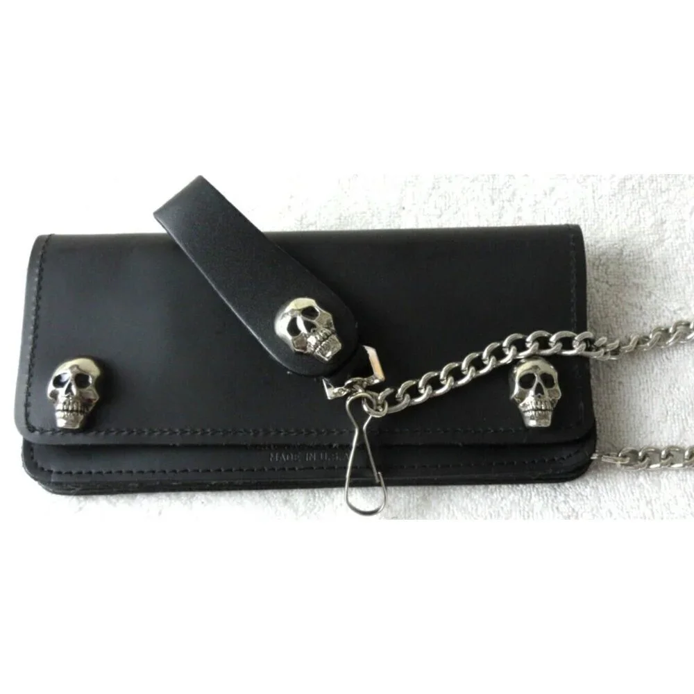 Men's Genuine Leather Skull Skeleton Trucker Snap Chain Wallet Black USA Made
